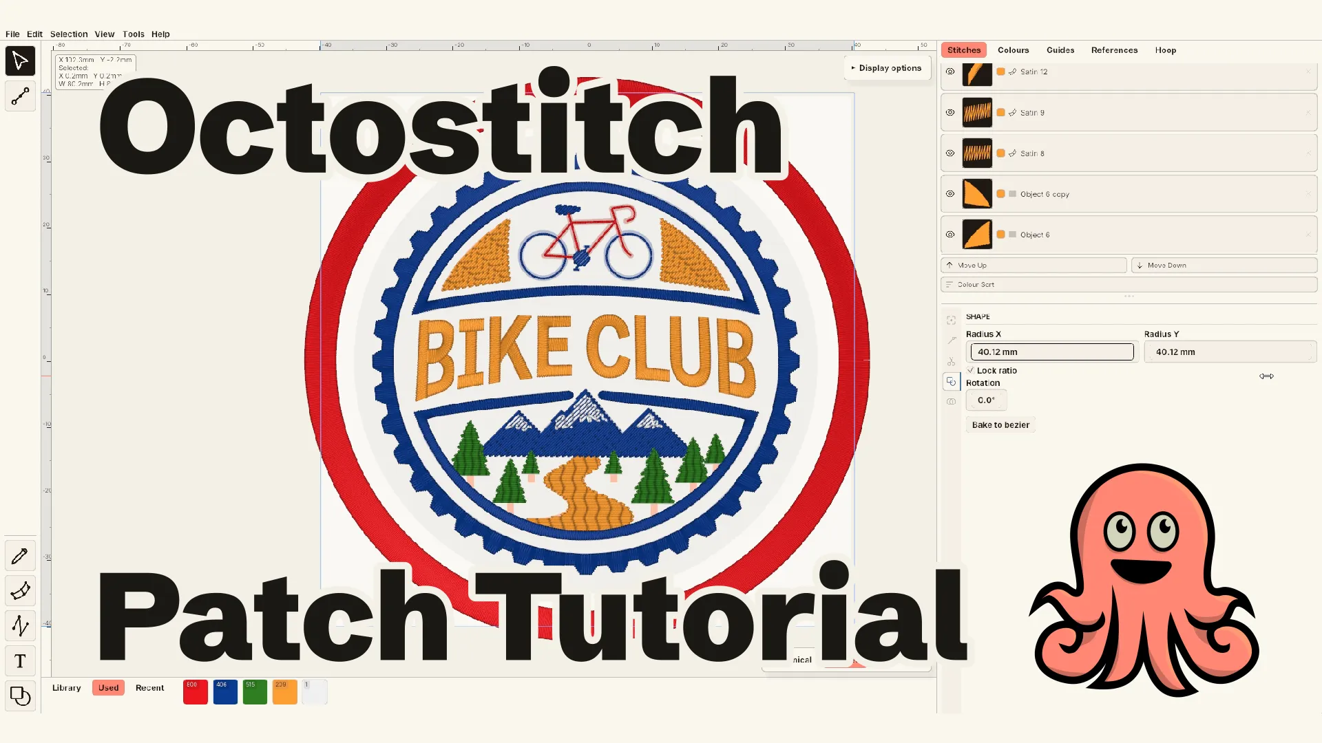 Octostitch tutorial video: digitising an embroidered bike club patch